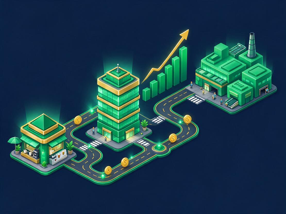 Isometric illustration of a kiosk, office tower and factory linked by roads, with coins and a rising chart